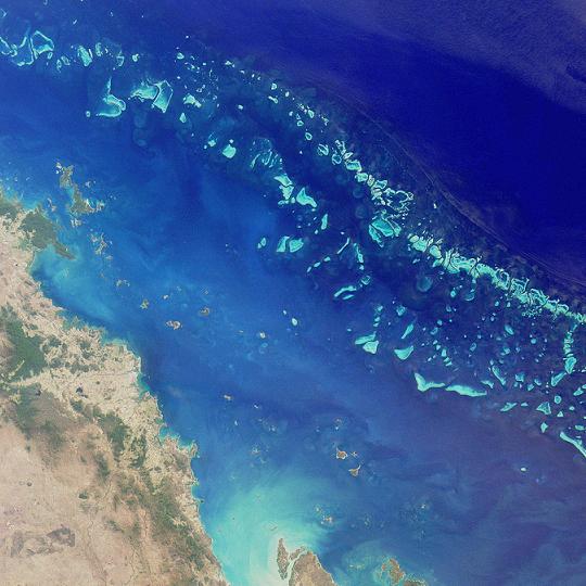 A Grande Barreira de Corais vista pelo satélite. Foto: Nasa